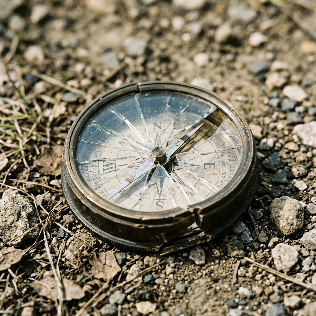 Antique compass with cracked glass on gravel and dry leaves